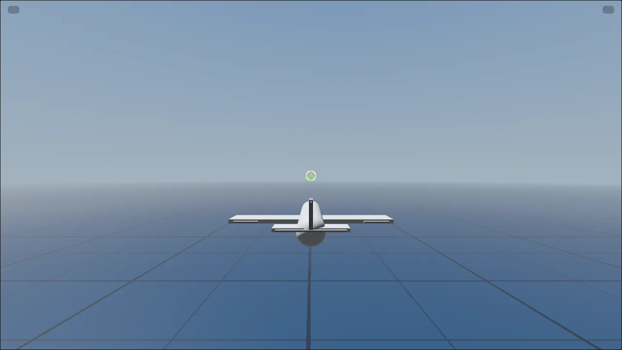 Aircraft seen from behind over a grid plane with a horizon
