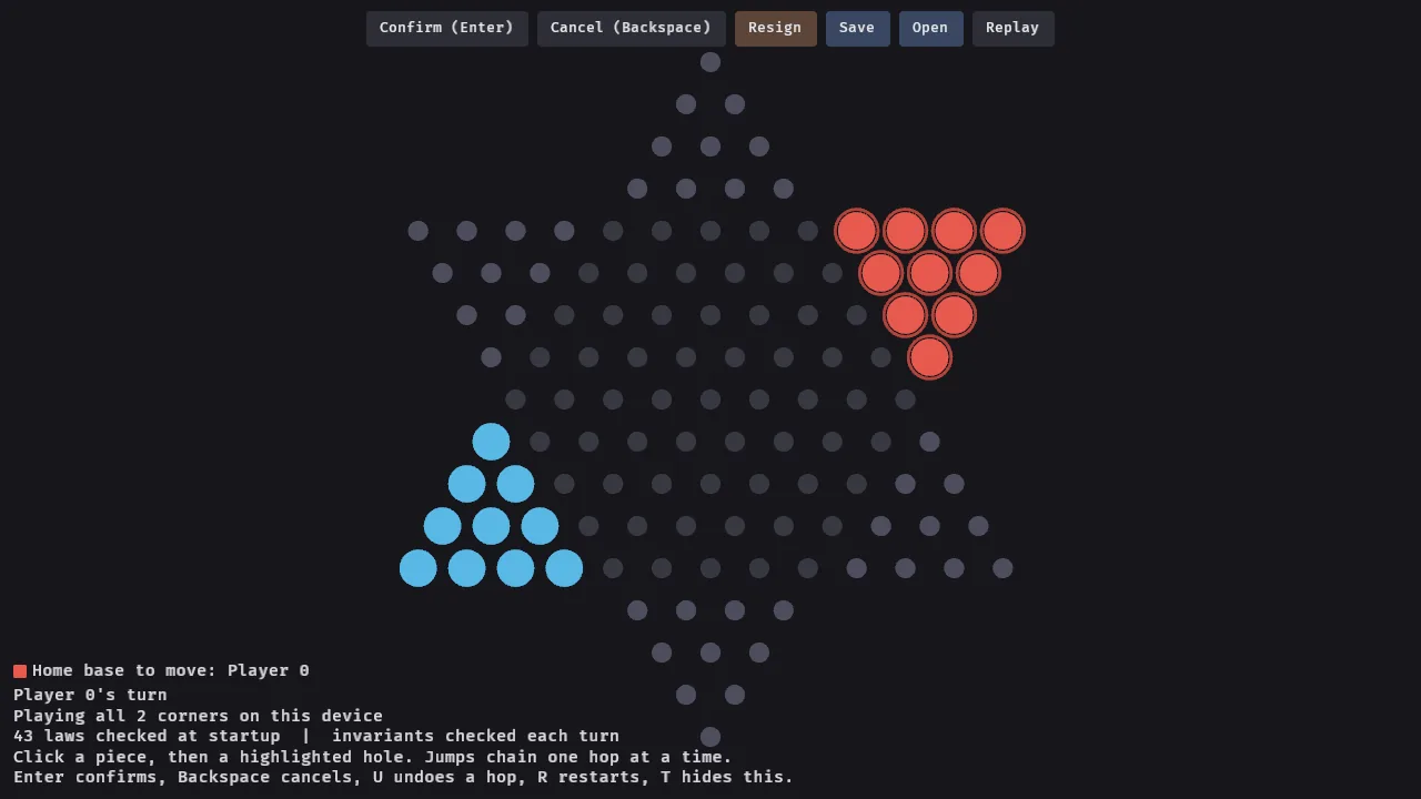 Two-player Chinese Checkers board, red at the top, blue at the bottom