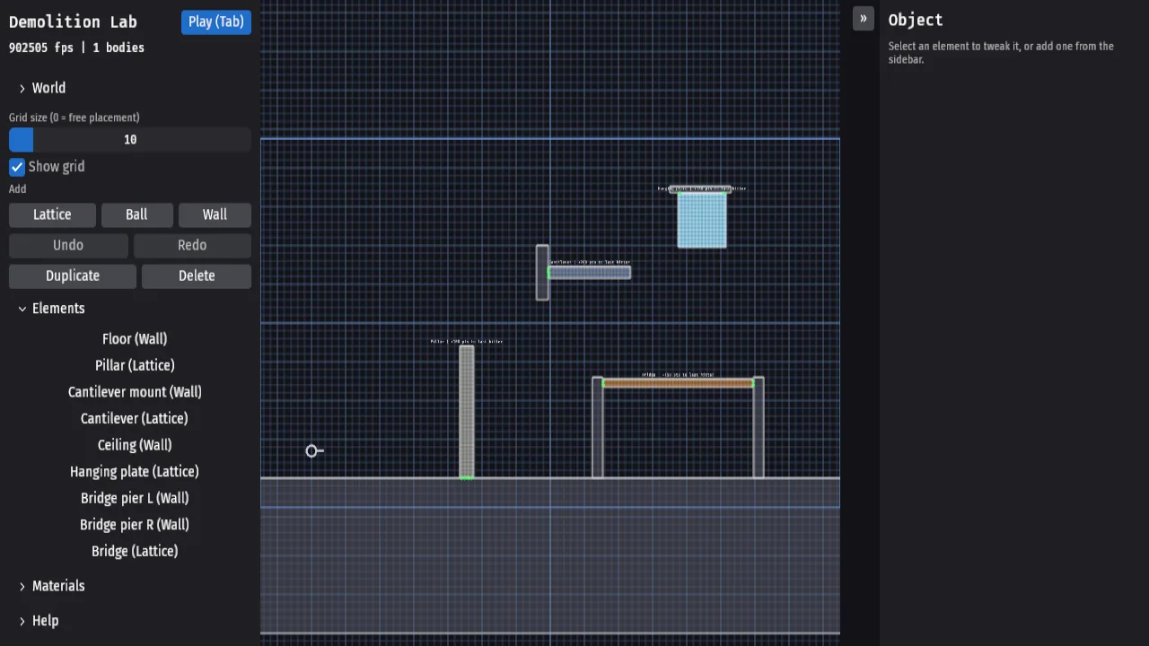 Demolition Lab editor with the element palette and a scene of walls, a lattice and hanging plates