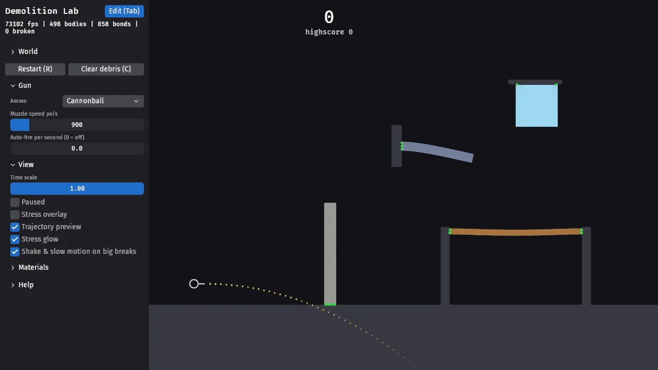 Cannonball trajectory preview aimed at a bending beam, stress overlay on