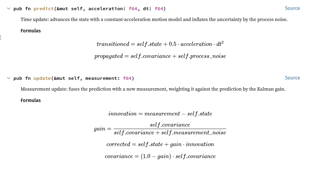 rustdoc page for Kalman1D with predict and update formulas typeset by KaTeX