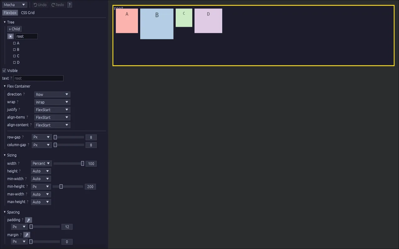 Flexbox explorer: tree, property panel and the rendered container