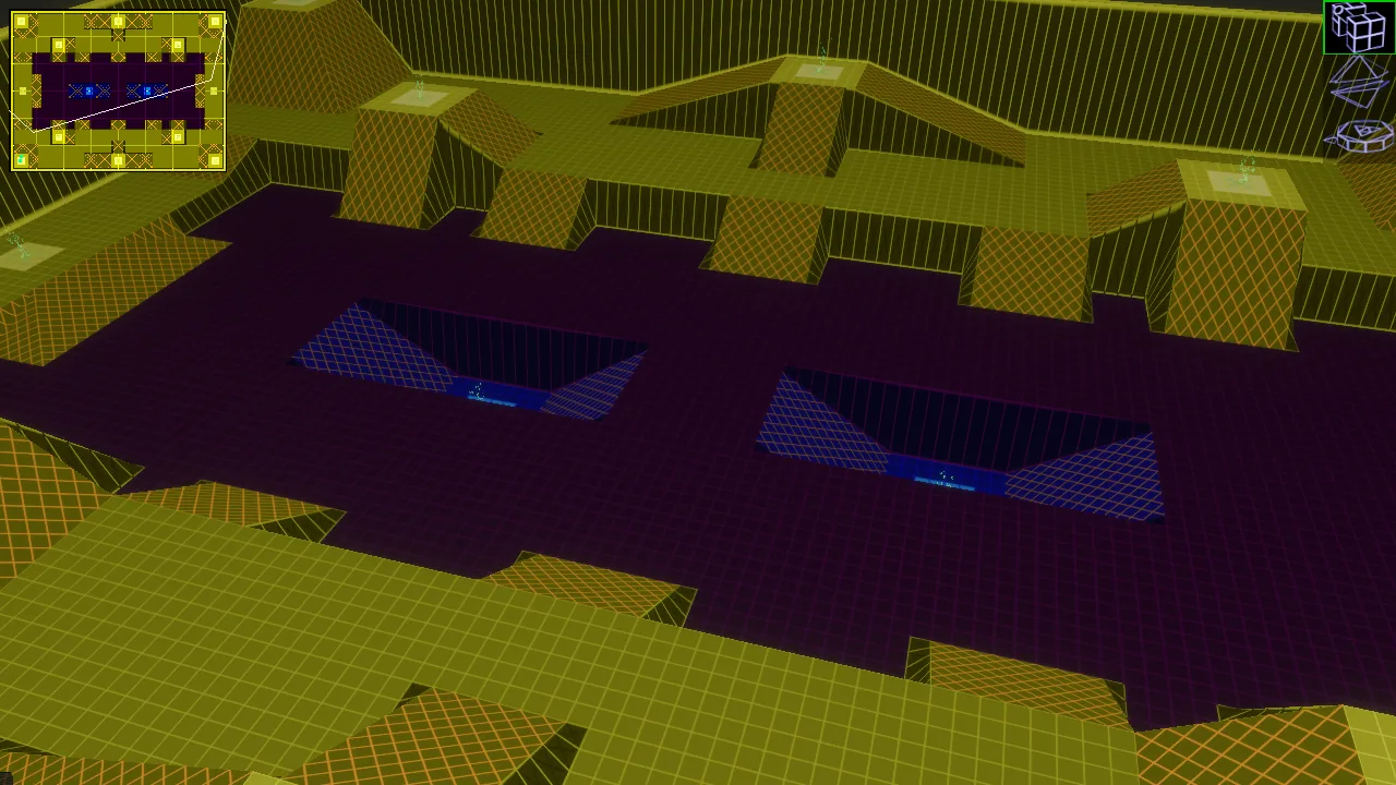 Kernel Panic showcase: wireframe terrain with raised platforms, a minimap and unit icons