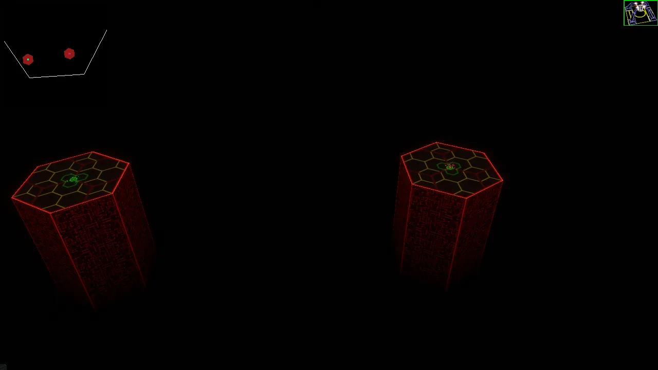 Kernel Panic skirmish: two hexagonal platforms in the dark, minimap top left