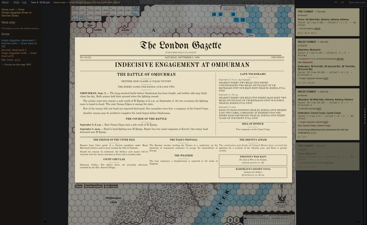 The London Gazette end-of-game report over the board, with combat panels at the sides